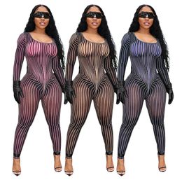 Designer Mesh Jumpsuits Women Bodycon Rompers Sexy See Through Long Sleeve Jumpsuits One Piece Outfits Summer Autumn Clothes Night Club Wear Wholesale Clothes 9245