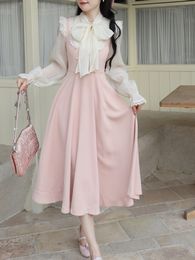 Casual Dresses Autumn Lace Vintage Fairy Women Patchwork Elegant Party Midi Female Bow Korean Fashion Sweet 230208
