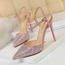 Dress Shoes BIGTREE Women Pumps Sexy Sequined Cloth Shallow Mouth Pointed Hollow Colourful Diamond 10.5cm Thin High Heels Wedding