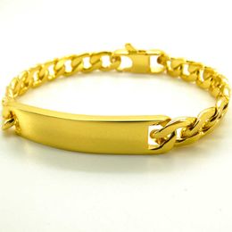 Link Chain % Stainless Steel Bracelet 9 mm Width ID Bar Curb Cuban Chain 18K Gold Colour Bracelets 8 Inches for Men Women Factory Offer G230208