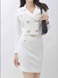 Two Piece Dress French Small Fragrant 2 Pce Suit Double Breasted Short Knitted Top Elastic Hip Wrap Skirt Sets Female Cardigan Sweater Outfits 230209