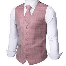 Mens Vests BarryWang Pink Plaid Waistcoat Blend Tailored Collar Vneck 3 Pocket Cheque Vest Tie Set Formal Leisure MD2301 230209