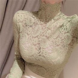 Women's T-Shirt Girls Hollow Out Lace Blouses Shirts Tees Female Turtleneck Full Sleeve Back Zipper Elastic Elegant Tops For Women Y2302