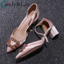Female Champagne Square Sandals Crystal Stone Decoration Thick Heel Fat Low 5cm 7cm Satin Bride Party Graceful Cute Women Shoes T230208 afb6c