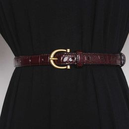 Belts Vintage belt for women ladies jeans gold buckle crocodile pattern cowhide thin belts female fashion belt G230207