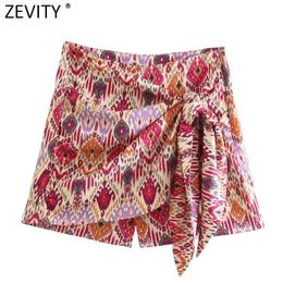 Women's Shorts Zevity Women Totem Floral Print Bermuda Shorts Ladies Chic Side Zipper Bow Tied Casual Shorts Skirts Pantalone Cortos P1231 230209