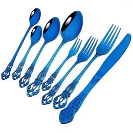 Dinnerware Sets Blue 8Pcs Set Knife Dessert Fork Spoons Long Handle Spoon Cutlery Stainless Steel Tableware Kitchen Flatware