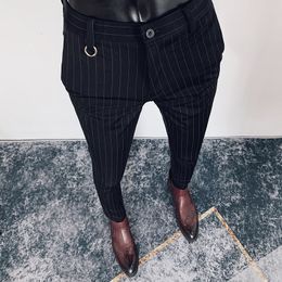 Mens Pants Suit Hombre Pantalones Autumn Stretch Slim Formal Trousers for Fashion Casual Stripe Dress Clothing 230209