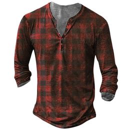 Men's TShirts Vintage Henry Shirt Plaid Printed Tshirt Vneck Button Long Sleeved Clothing Spring Autumn Oversized Casual Tops 230209