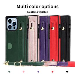 Crossbody Card Holder Square Case For iPhone 14 Pro Max 11 12 13 6 6S 8 7 Plus SE 2022 X XS XR Lanyard Wristband Stand Bag Cover