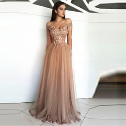 Champagne Prom Dresses Off the Shoulder Tulle Lace Flowers Party Maxys Long Prom Gown Evening Dresses Robe De Soiree