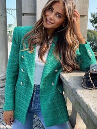 Womens Suits Blazers Stylish Green Tweed Blazer Jacket Spring Autumn High Street Double Breasted Pockets Office Lady Chic Casual Outerwear 230209