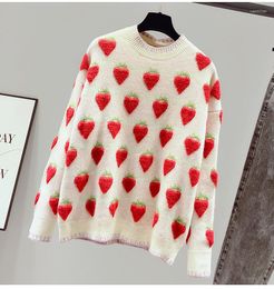 Women's Sweaters Women Cute Pink Strawberry Embroidery Knitted Sweater Round Neck Long Sleeve Loose Pullover Tops Knitwear E-Girls Kawaii