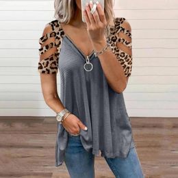 Women's T Shirts Sexy Leopard Print Hollow Out Strapless Womens Tshirt V Neck Zipper Short Sleeve Tee Harajuku Summer Lady Tops Camisetas