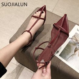 New Women Sandals Fashion Sandal Summer SUOJIALUN Narrow Band Ladies Gladiator Thin Low Heel Ankle Strap Dress Party Shoes T