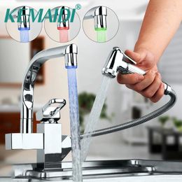 Bathroom Sink Faucets KEMAIDI LED Kitchen Single Hole Polished Chromed Pull Out Mixer Tap Cold And Water Faucet1