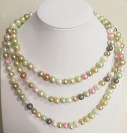 Chains 50'' 127cm Women Jewelry Natural Pearl 7mm Green White Pink Mixed Magnet Clasp Necklace Freshwater Gift