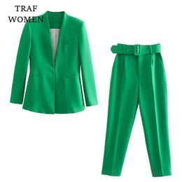 Womens Suits Blazers TRAF Spring Autumn coats Green Solid Colour Lined Belted Down Lapel Long Female Blazer Chic Mujer tops Jackets 230209