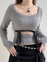 Women's T Shirts Grey Lace Patchwork Crop Top Cut Out Knitted Full Sleeve Pullovers Women Square Collar Tie Up Cute Koreab Chic Tee Casual