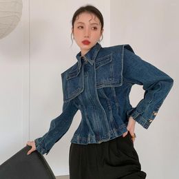 Women's Jackets High Street 2023 Fall Winter Fashion Women Full Sleeve Metal Button Pockets Draped Moto Denim Big Shawl Blue Jacket Coat