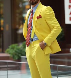 Men's Suits Yellow Double Breasted For Men Wedding Business Party Wear Tuxedo Bespoke Arrival 2-Piece Jacket Pants Costume Homme