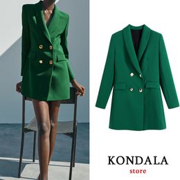 Womens Suits Blazers KONDALA Fashion Vintage Stylish Green Oversized Long Women Blazer Office Lady Pocket Autumn Jacket Female Bussiness 230209