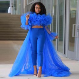 Women's Tanks Royal Blue Tulle Top With Illision Long Sleeves African Girls Birthday For Po Shoot High Low Women' Tops To Fashion Week