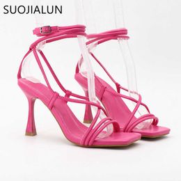 Narrow SUOJIALUN Band Summer Women Sandals Thin High Heel Ladies Elegant Pumps Square Toe Outdoor Gladiator Shoes T23020 ef10