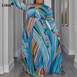 Plus size Dresses Spring Autumn Trend Female Clothing Streetwear V-Neck Belt Included Colour Striped Print Long Sleeve Loose Plus Size Maxi Dress 230209