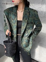 Women's Suits Blazers TWOTWINSTYLE Green Leopard Graphic Female Blazer Notched Long Sleeve Temperament Colorblock Loose Women's Coat Winter 230209