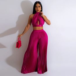 Women's Two Piece Pants Y2k Clothes 2023 Womens Burst Hanging Neck Backless Simulation Silk Pressure Pleated Wide Leg Sexy 2 Outfits 230209