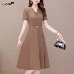 Casual Dresses Elegant Fashion Summer Dress Women 2022 Solid Color V-neck Simple Short Sleeve Empire Belt A-line Skirt Slender Clothing Female Y2302
