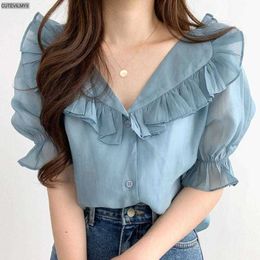 Women's T-Shirt 2020 New Summer Ruffled Lapel Chiffon Shirt Women Blouses Korean Style Elegant Sweet Puff Sleeve Tops Female Blusas Chic Y2302