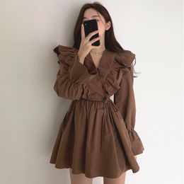 Casual Dresses Sigutan 2023 Spring Autumn Sweet Ruffle Women Dress Fashion V-neck Lantern Sleeve Lace Up Female Cotton Vestidos