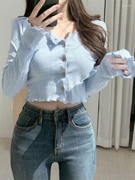 Women's T Shirts SISHION 2023 Spring Perspective Blue Long Sleeve VD3645 Single-breasted Knitted Cardigan Short Sexy Crop Tops