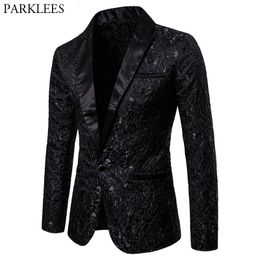 Mens Suits Blazers Black Jacquard Bronzing Floral Blazer Luxury Brand Single Button Suit Jacket Wedding Party Stage Costume Homme 2XL 230209