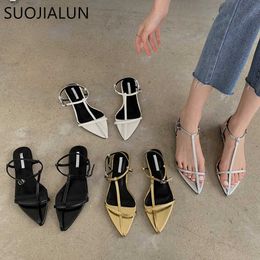2022 Sandals New SUOJIALUN Brand Women Sandal Fashion Narrow Band Flat Heel Ladies Gladiator Shoes Pointed Toe Ankle Buc c8b6