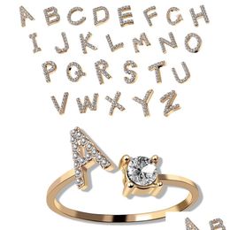 Solitaire Ring Gold Colour English Letters Crystal Initial Rings Adjustalbe Engagement Wedding Women Fashion Jewellery Drop Deliver Dhogr