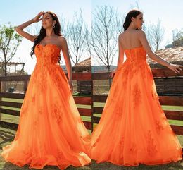 Gorgeous Orange Prom Dresses Sexy Backless A Line Strapless Lace Appliques Ruffles Tulle Long Evening Gowns Plus Size BC15153