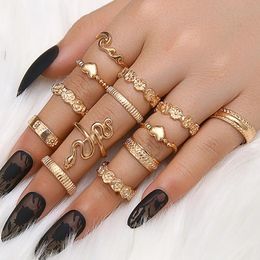 13pcs/set Snake Heart Rings for Women Fashion Jewellery Finger Ring Set Gothic Punk Silver Plated Flowers Wave Ring Party Jewellery