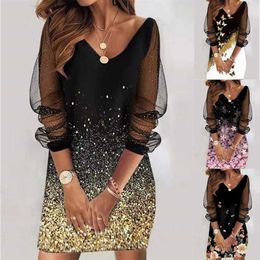 Casual Dresses Ladies Elegant A-Line Party Metal Belt Butterfly Print Cutout Long Sleeve Lace V Neck Y2302