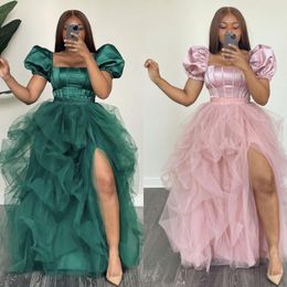 Skirts Two Pieces Ruffled Tulle Skirt And Puffy Short Sleeves Top High Waist Side Split Custom Made Any Color Formal Wear