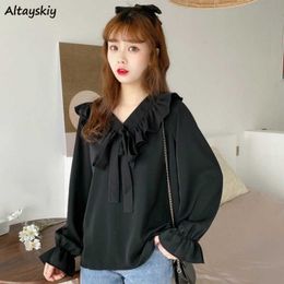 Women's T-Shirt Shirts Womens Retro V-Neck Elegant Bow Knot Flare Sleeve Kawaii Solid Blouses 2020 New Autumn Korean Style Loose Leisure Daily Y2302