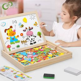 Blocks 100 Pcs Wooden Multifunction Children Animal Puzzle Writing Magnetic Drawing Board Blackboard Learning Education Toys For Kids 230209