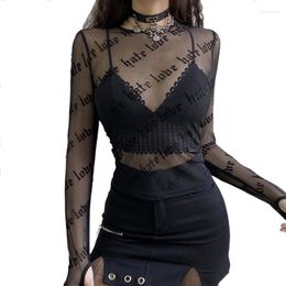 Women's T Shirts Women Gothic Long Sleeve See-Through Mesh T-Shirt Letters Print Slim Fit Tee Top