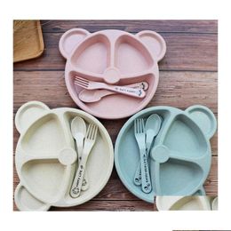 Cups Dishes Utensils Cups Cartoon Baby Kids Tableware Set Wheat St Dinnerware Feeding Food Plate Bowl With Spoon Fork Ecofriendly Dhs8X