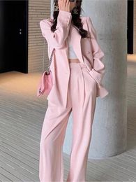 Womens Two Piece Pants Luck A Summer Spring Women Pink Blazer Suits Loose Long Set Office Wear Ladies Twopiece Sets 230209