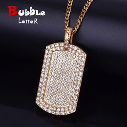 Chains Men's Pendant Filled Iced Rhinestone Gold Color Charm Square Dog Tag Necklace With Cuban Chain Bling Hip Hop Jewelry