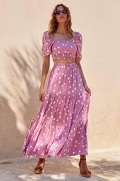 Work Dresses Women Dot Print Top High Waist Long Skirt Set Two Pieces Crop & Big Swing Suits Elegant Femme Boho Outfit Vestidos