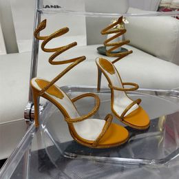 Strass Snake Strass sandálias estilete Rene Caovilla Cleo 95mm Sapatos de noite salto alto feminino Tornozelo Envoltório sapato de designer de luxo com caixa